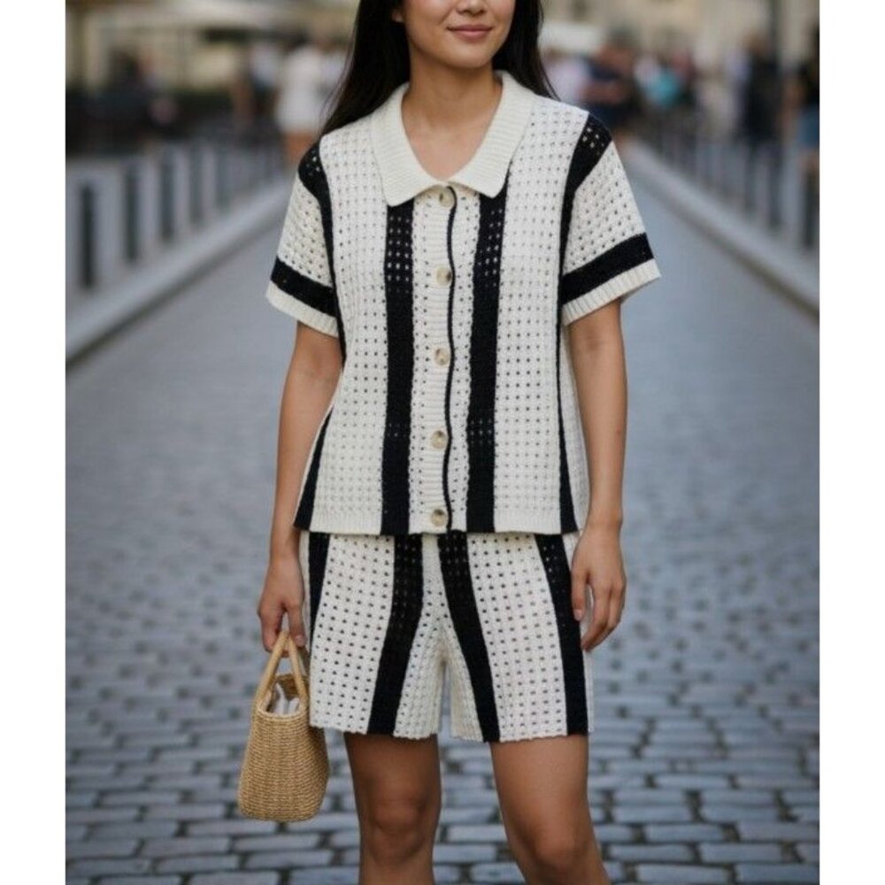 Handmade Crochet Short Sleeve Cardigan & Shorts Set  Stylish Black & White Strip